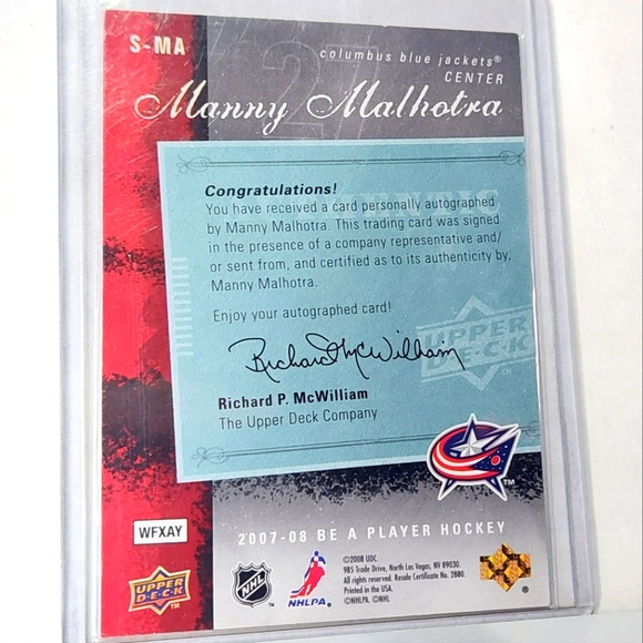 Manny Malhotra Autograph Upper Deck Be A Player 2007/08 Columbus Blue Jackets - Picture 2 of 2